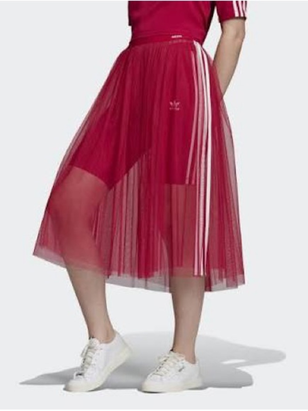 adidas Originals Sleek Three Stripe Mesh Tulle Skirt in Pink - Picture 4 of 16